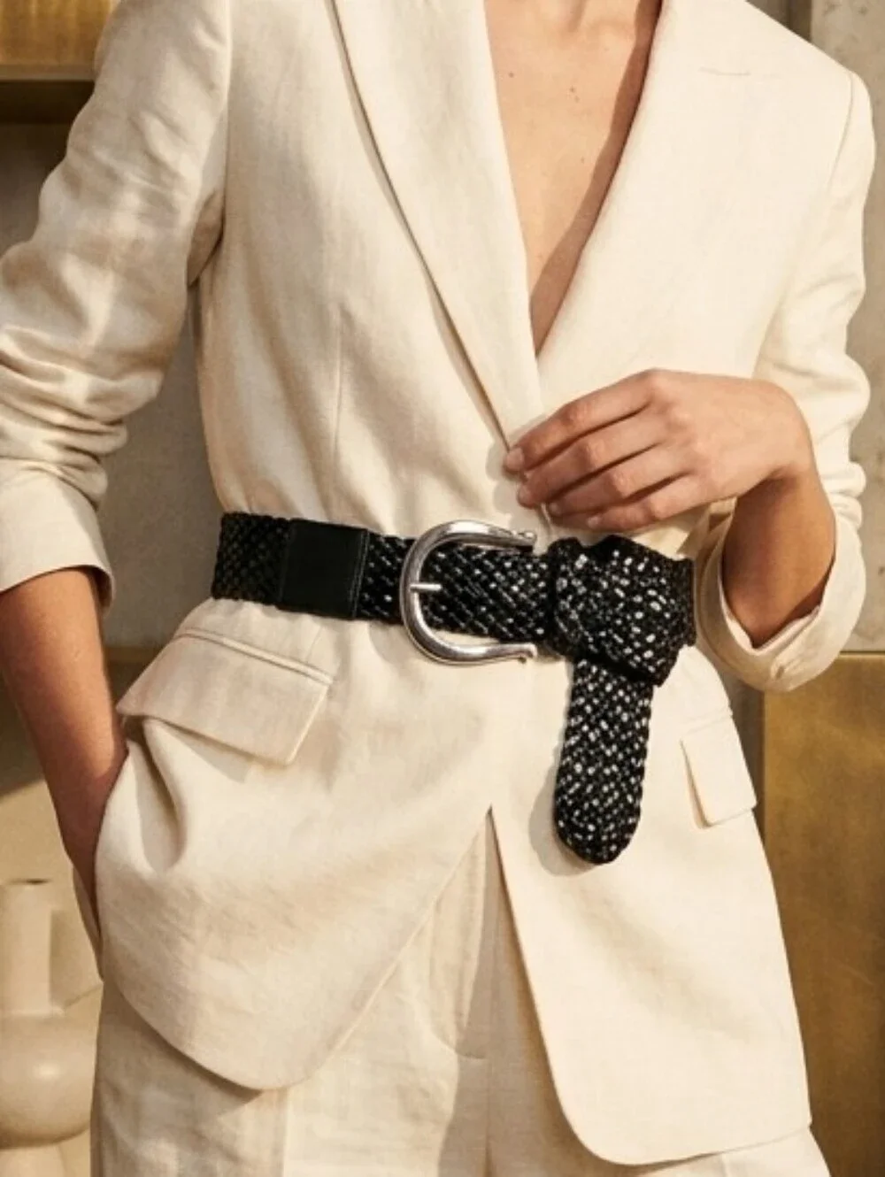 Black Wide Stretchy Braided Chunky Buckle Belt